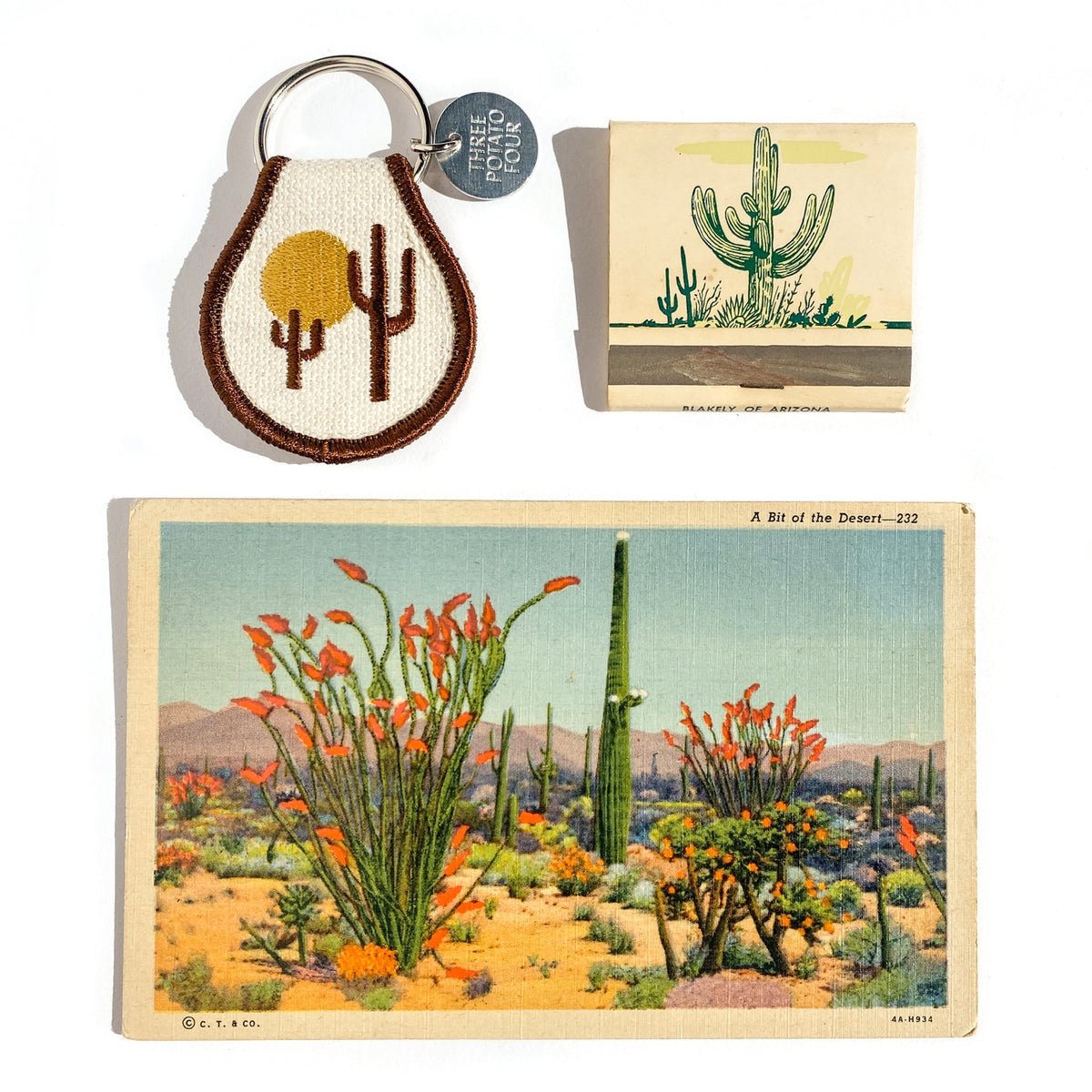 Teardrop embroidered desert patch keychain beside a vintage desert postcard illustration.