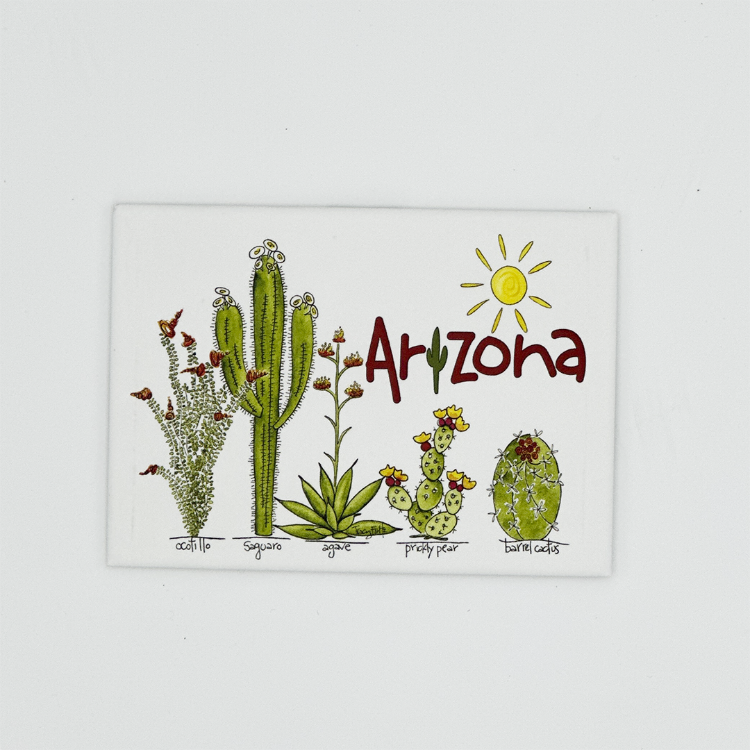 Arizona Native Plants Magnet featuring labeled cacti such as saguaro and prickly pear with a sun