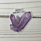 Amethyst crystal sticker featuring purple crystals and the inner peace and calm message