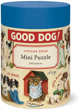 Round blue lidded tin for Good Dog Vintage Dogs Mini Puzzle featuring colorful dog illustrations