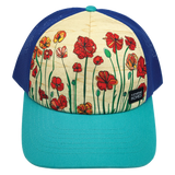 Poppy Fields Trucker hat with cream floral panel blue mesh sides and turquoise brim