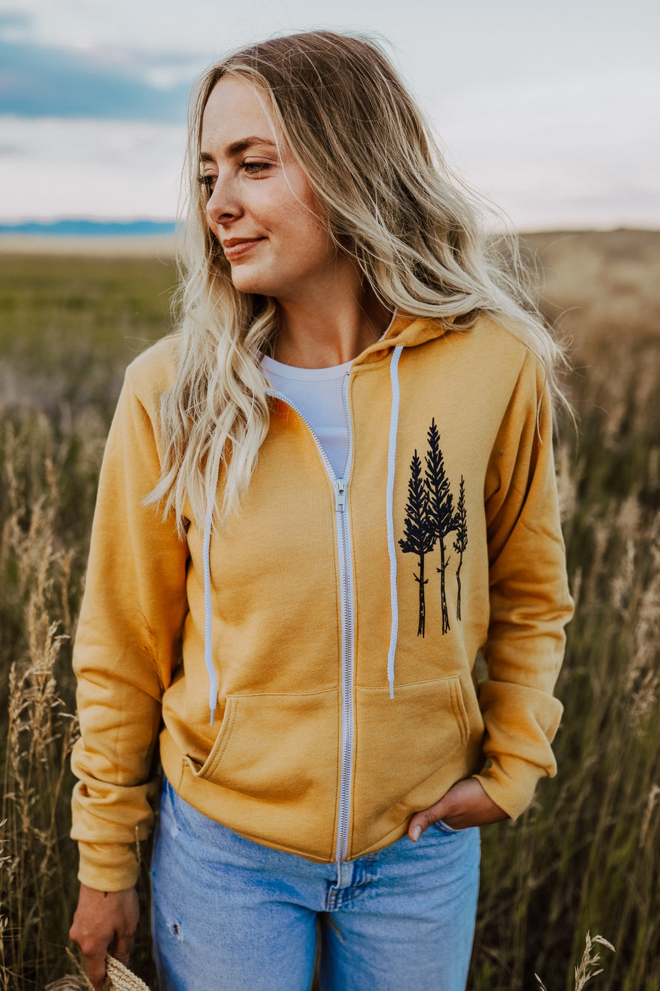 Rustic Three Tree Unisex Zip Hoodie- Mustard