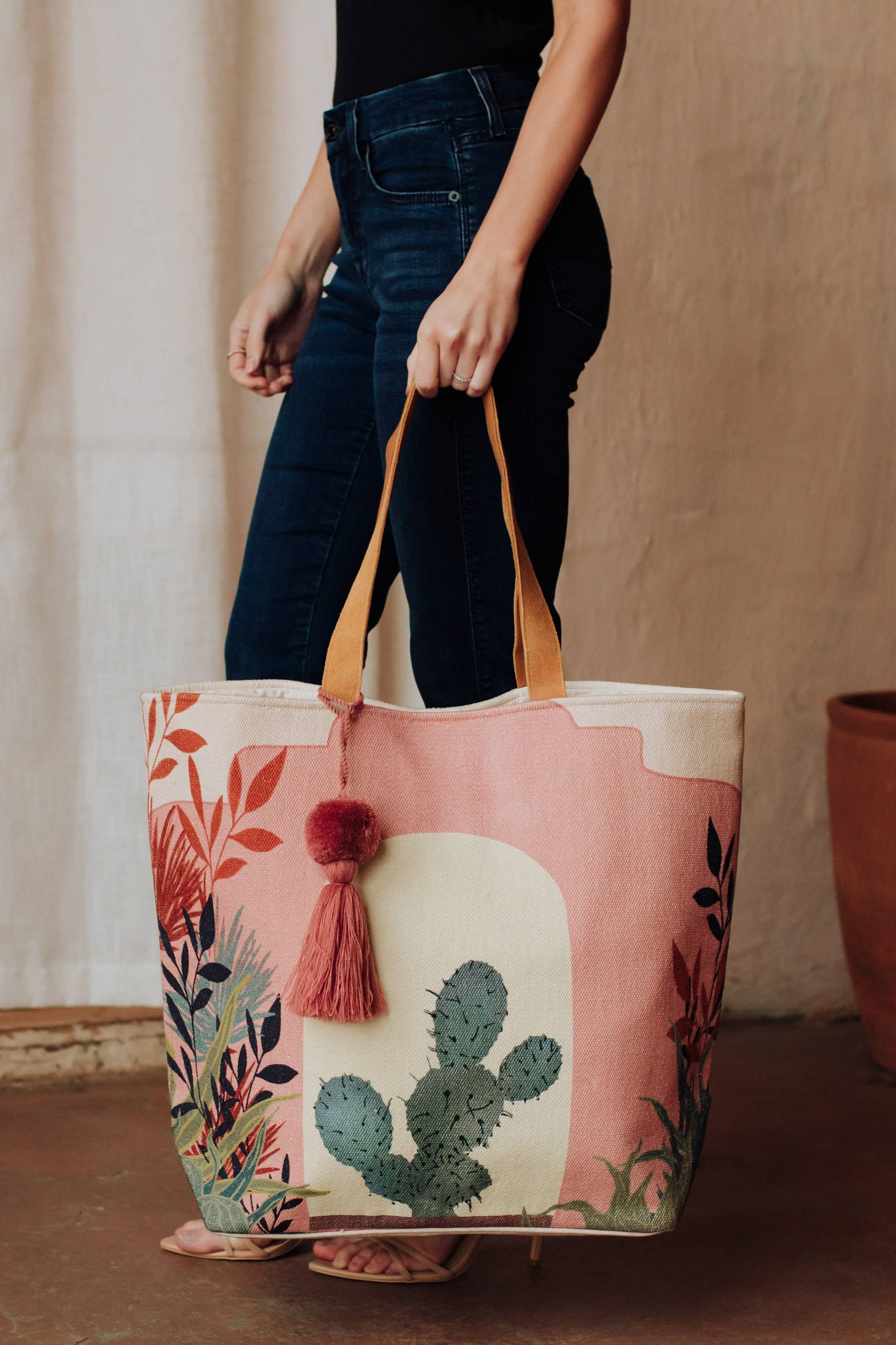 Pink Prickly Pear Cactus Landscape Tote