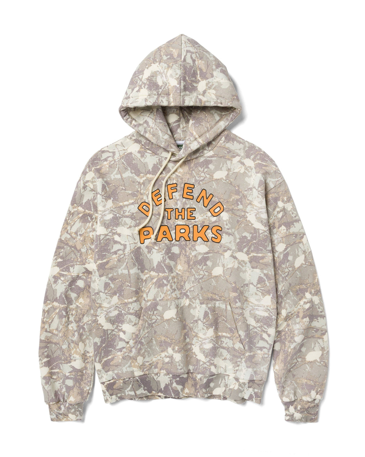Close up of Defend the Parks Bear Hoodie showing the camouflage pattern and bold orange lettering across the chest