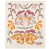 Nocturna Swedish dishcloth featuring a butterfly and floral motif in warm red orange and yellow.