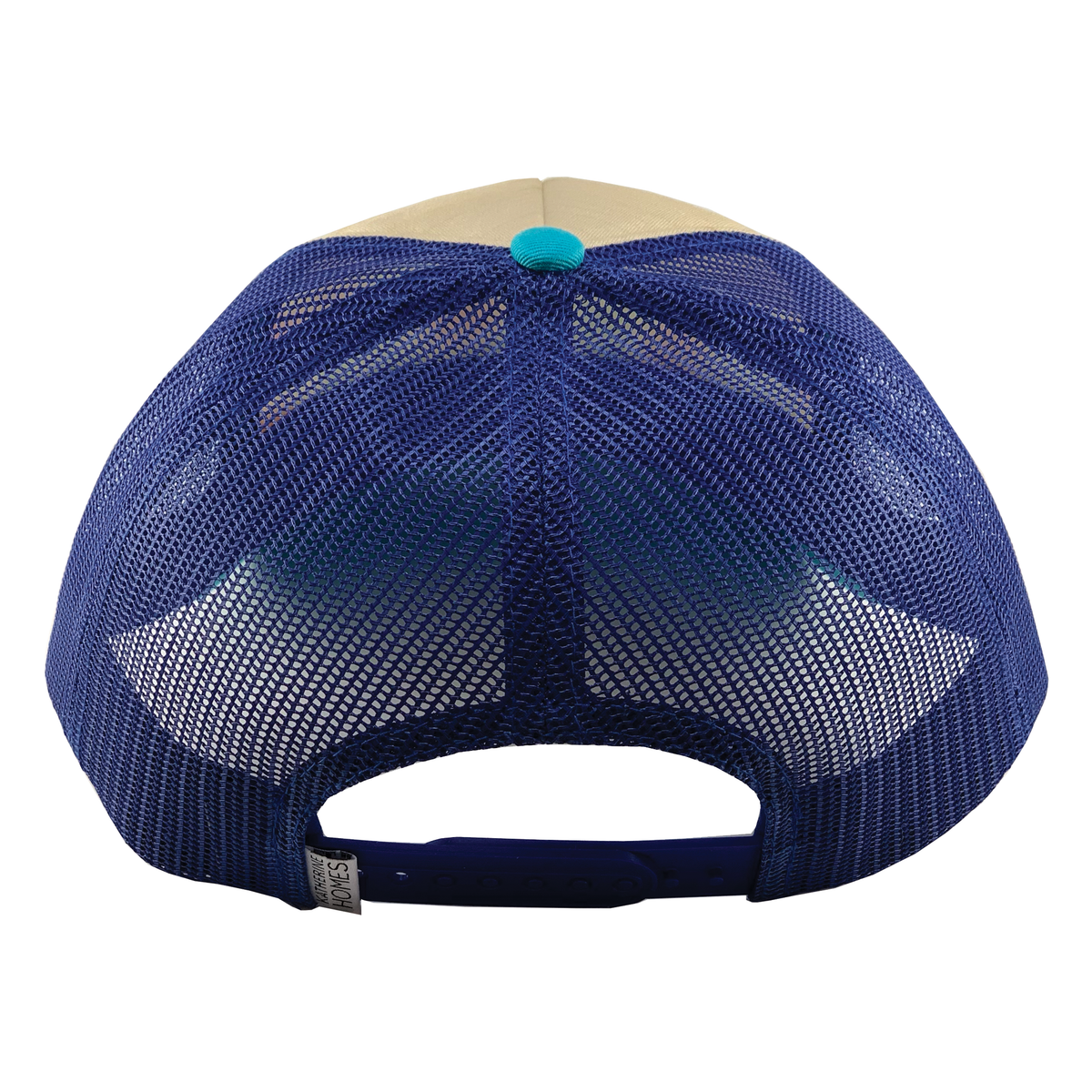 Poppy Fields Trucker hat with beige front panel blue mesh and teal button at crown.