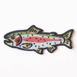 Colorful rainbow trout patch with green back red stripe and black spots outlined in a dark border