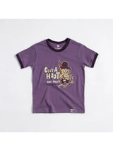 Child wearing purple Give A Hoot Kids' Ringer Tee with dark collar and sleeves