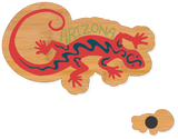 Wooden Arizona Gecko magnet with a red gecko silhouette and ARIZONA lettering on a natural wood background