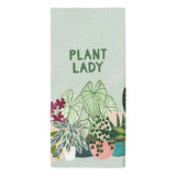 Plant Lady kitchen towel in soft green featuring leafy plants and the bold PLANT LADY text.