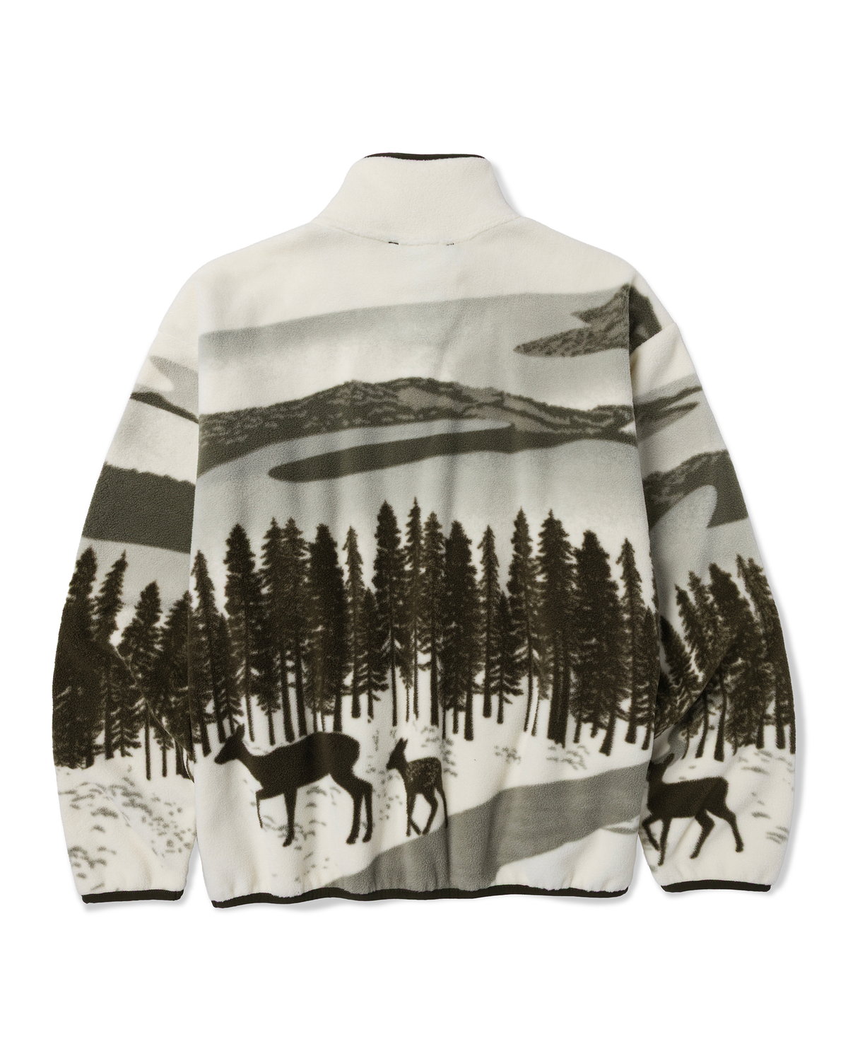 Back view of Muir Woods Views Trail Fleece featuring a mountain and pine forest graphic.