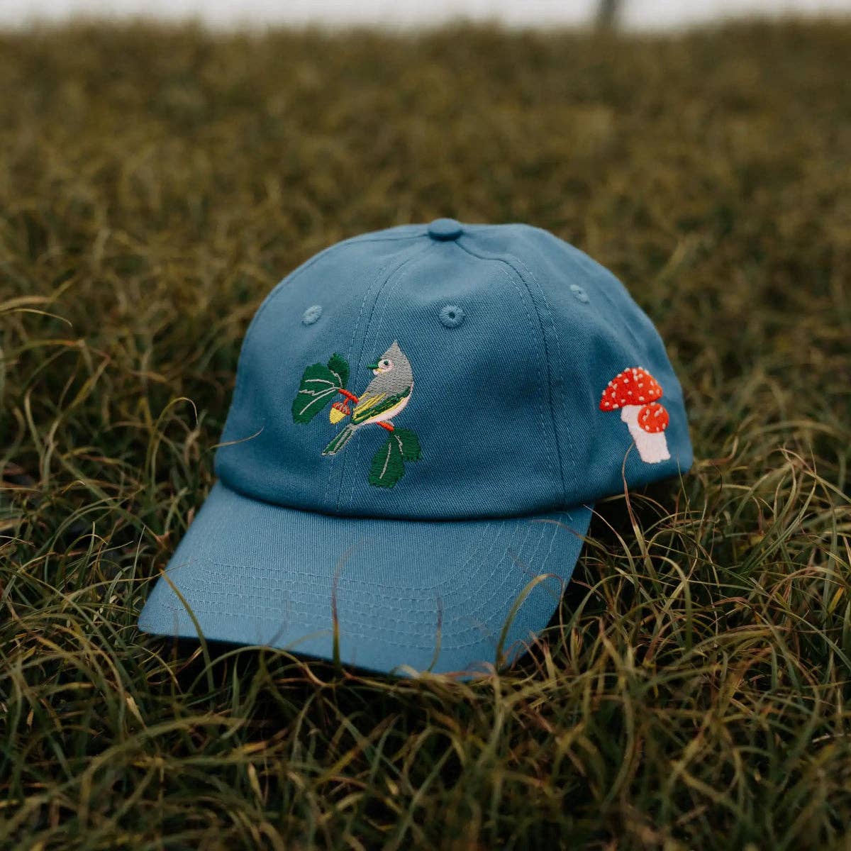 Eastern Native Flora & Fauna Hat: blue cap with embroidery of a bird among green leaves and red mushrooms.