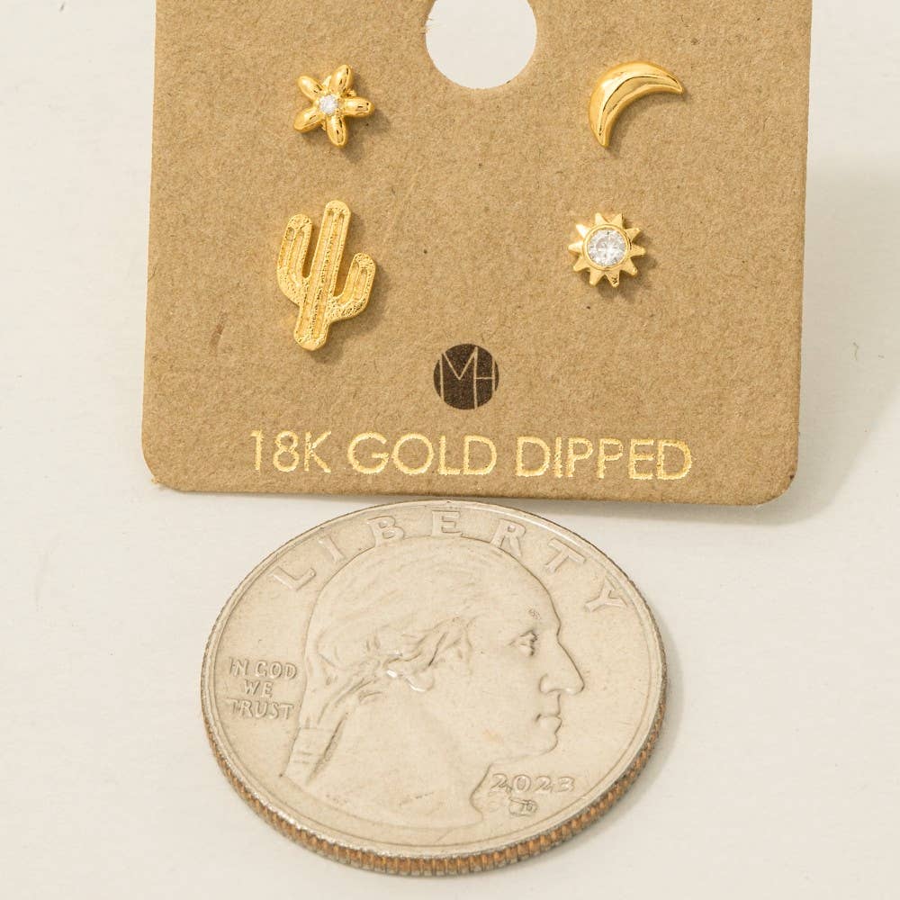 Gold Dipped Mini Cactus Flower Stud Earrings Set