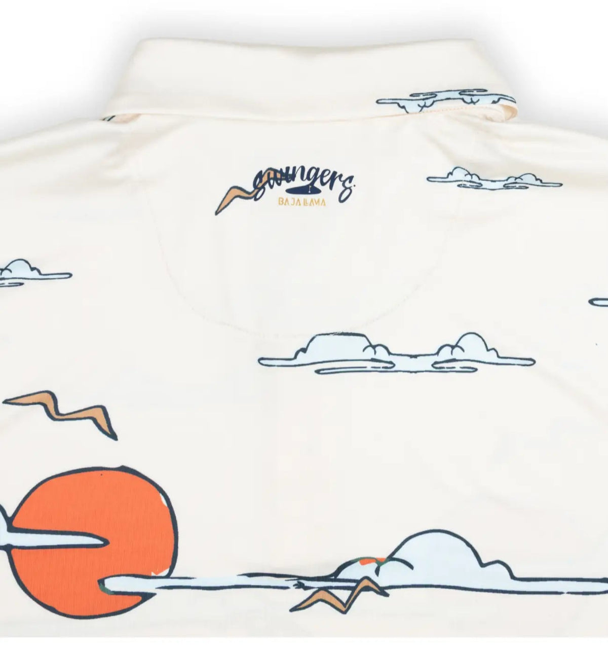 Back view of a cream hoodie with blue cloud print and a small logo at the neck