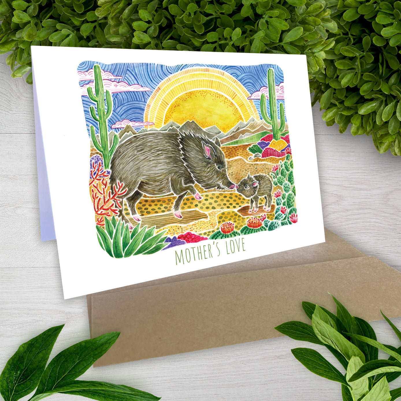 Javelina Mother & Baby Southwest Desert 5 X 7 Greeting Card