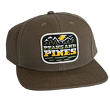 Peaks and Pines Canvas Classic Snapback brown cap with embroidered mountain patch