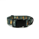 Dog wearing a green camouflage collar and matching leash outdoors