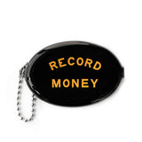 Glossy black oval coin purse with orange RECORD MONEY lettering and a silver ball chain.