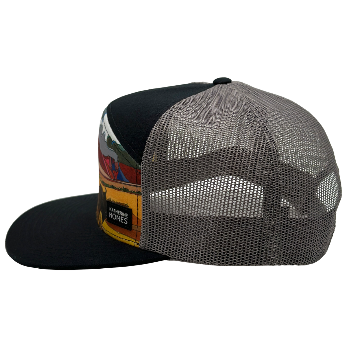 Bison and Prairielands flat brim trucker hat with black front panel, tan mesh back, and a colorful landscape patch