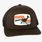 Brown curved brim trucker hat with beige mesh and a retro Roadrunner patch.