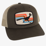 Dark olive curved brim trucker hat with beige mesh and a retro Roadrunner patch.