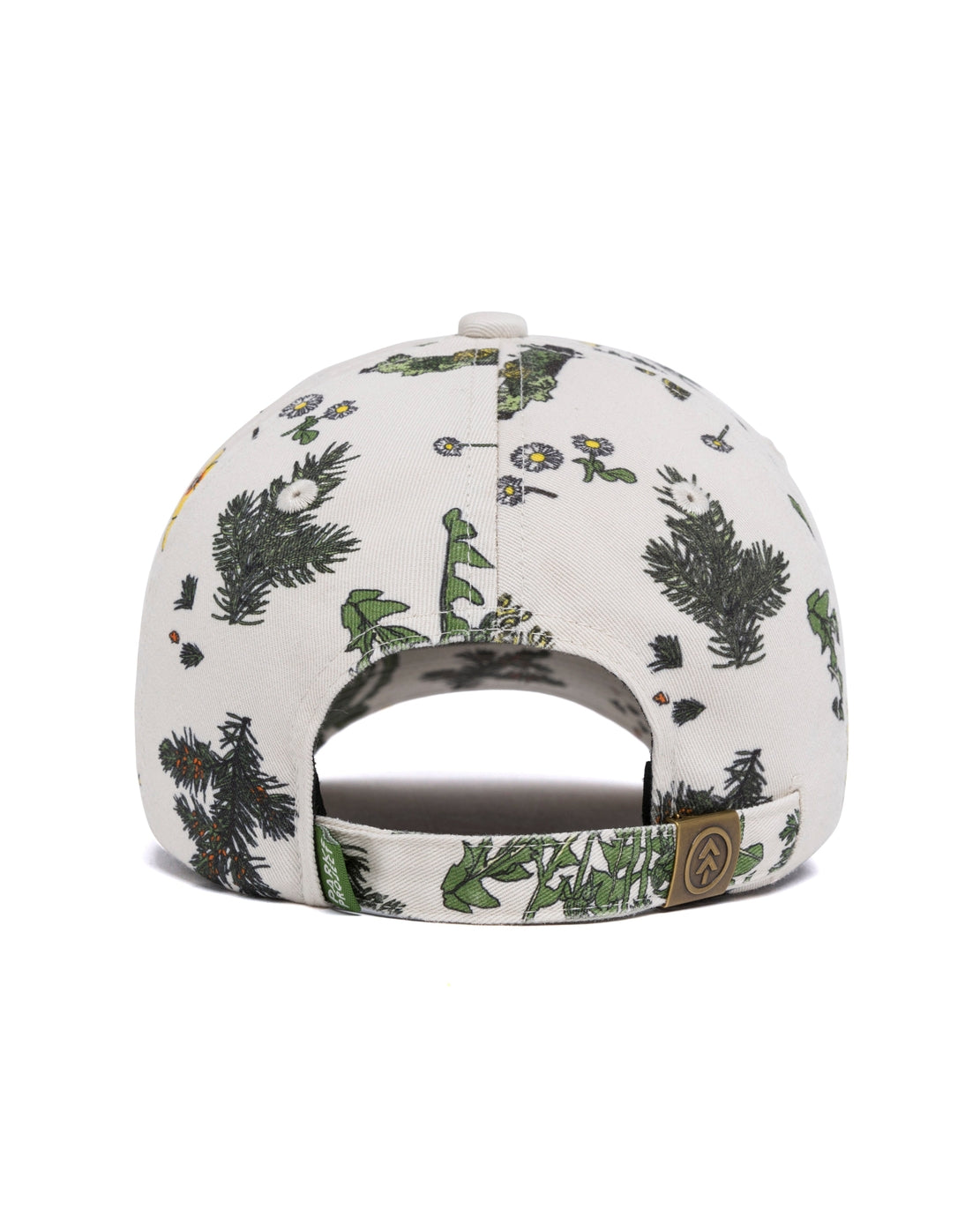 Forest Forager Hat back view in beige canvas with green botanical print.