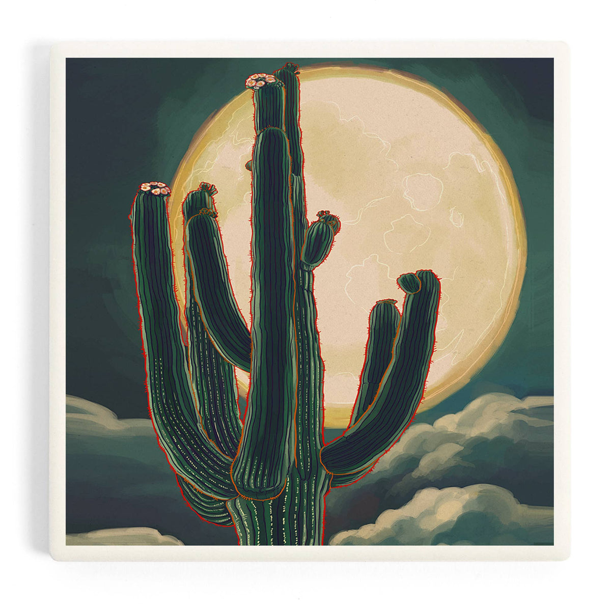 Cactus & Full Moon Ceramic Coaster