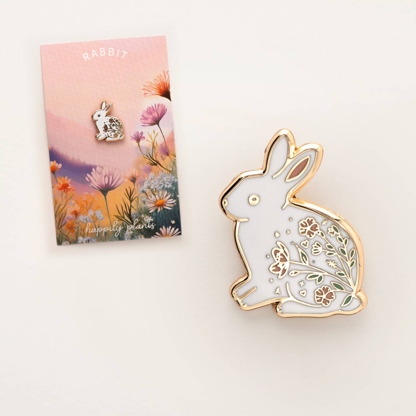 White Floral Bunny Rabbit Enamel Pin