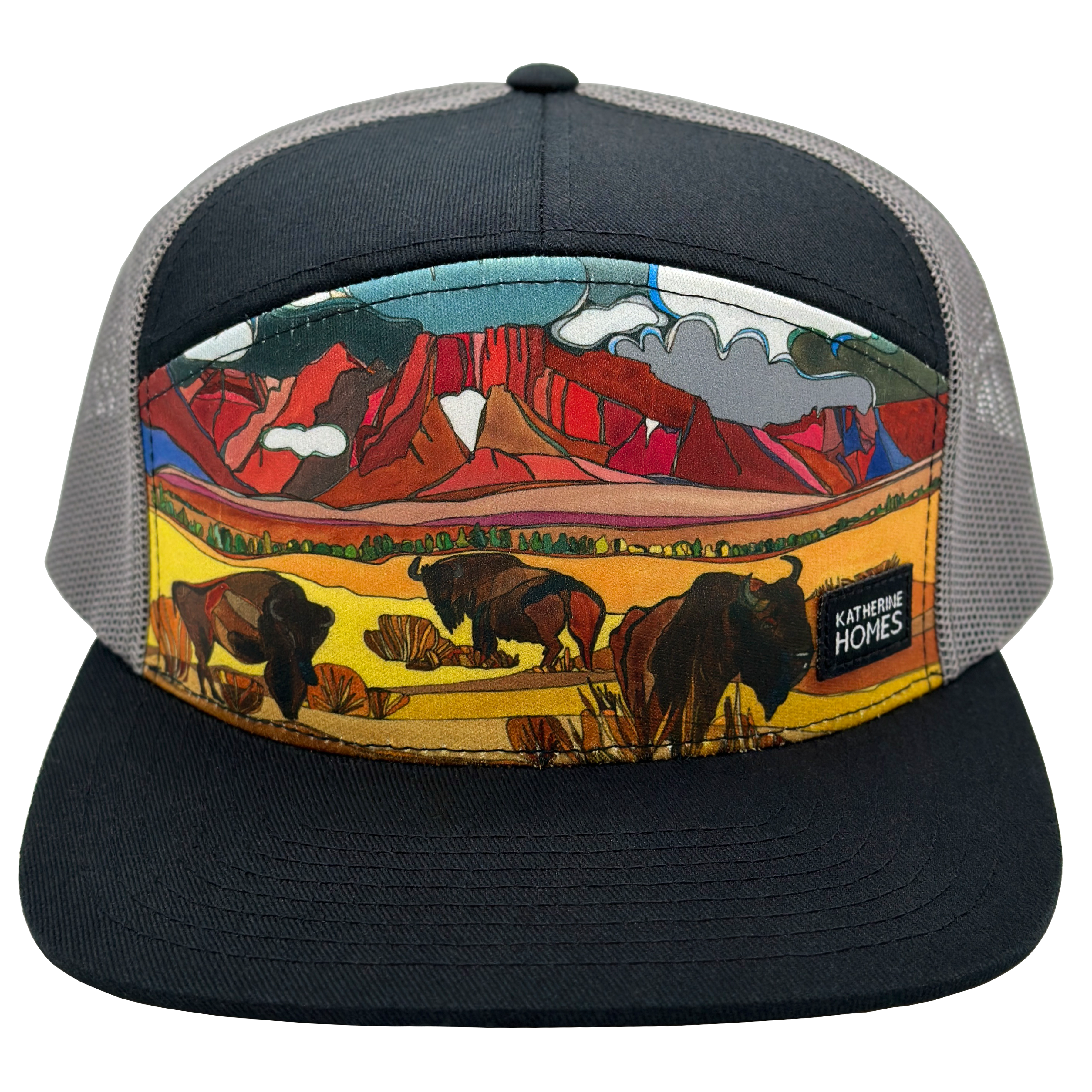 Bison & Prairielands | Black & Grey | 7 Panel Hat