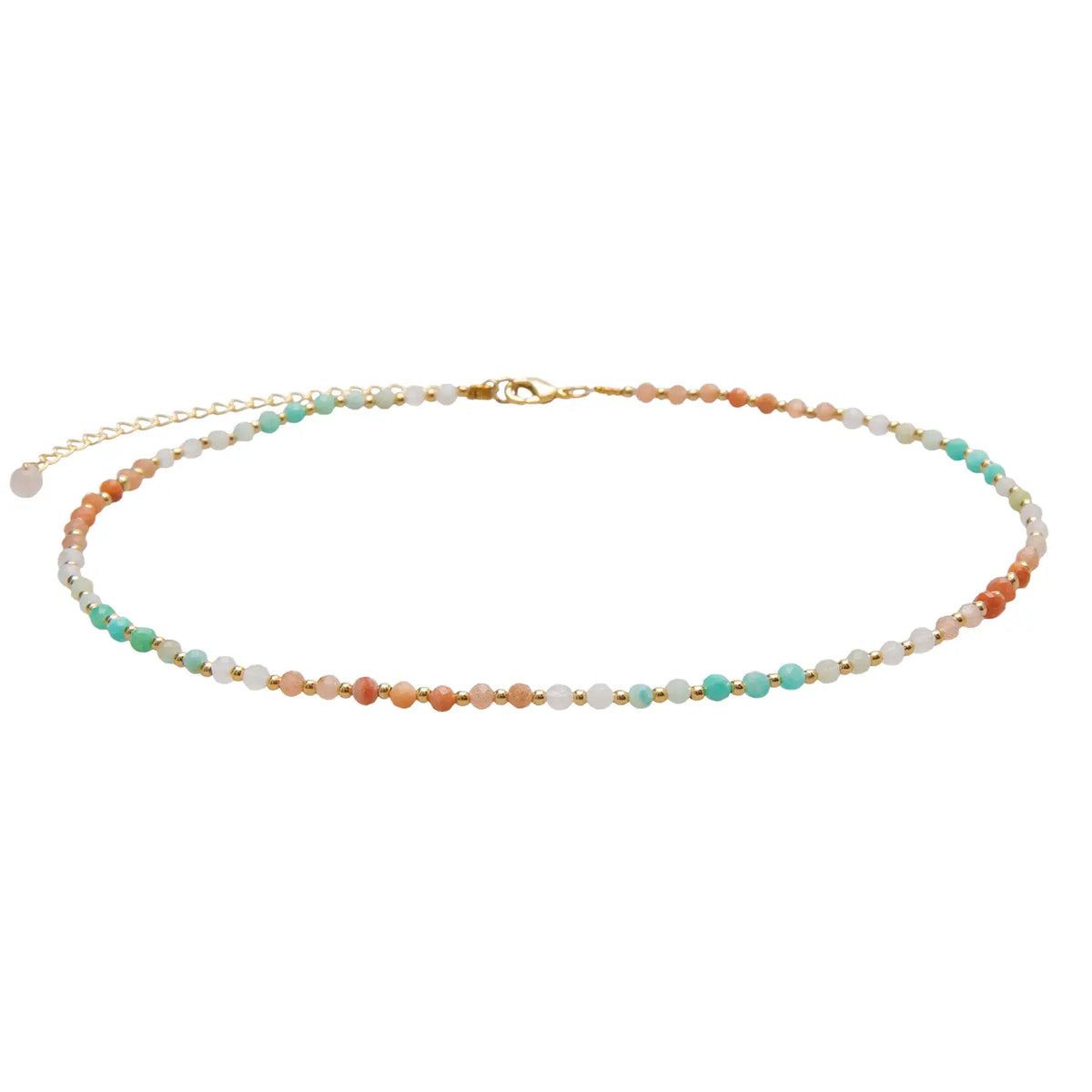 Pastel energy healing beaded necklace with peach white mint and pink beads and gold spacers