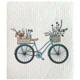 Swedish dishcloth with a turquoise bicycle and a front basket filled with wildflowers
