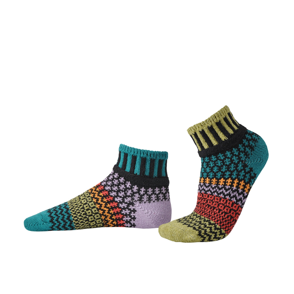 Two colorful eco friendly quarter socks with bold geometric patterns on a white background.
