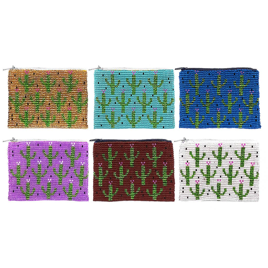 Beaded Cactus Pattern Seed Bead Coin Purse Pouch