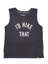 Charcoal sleeveless muscle tank with bold white curved text I'D HIKE THAT across the chest