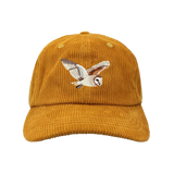 Mustard corduroy Barn Owl hat with embroidered owl on front