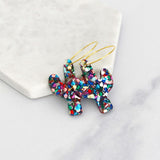Colorful glitter cactus acrylic hoop earrings on gold hoops