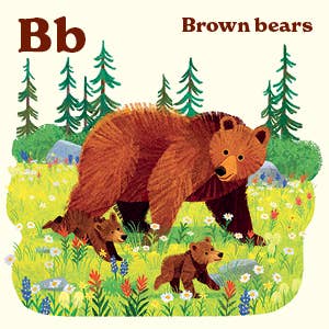 Brown bear with cubs in a wildflower-filled meadow surrounded by trees.