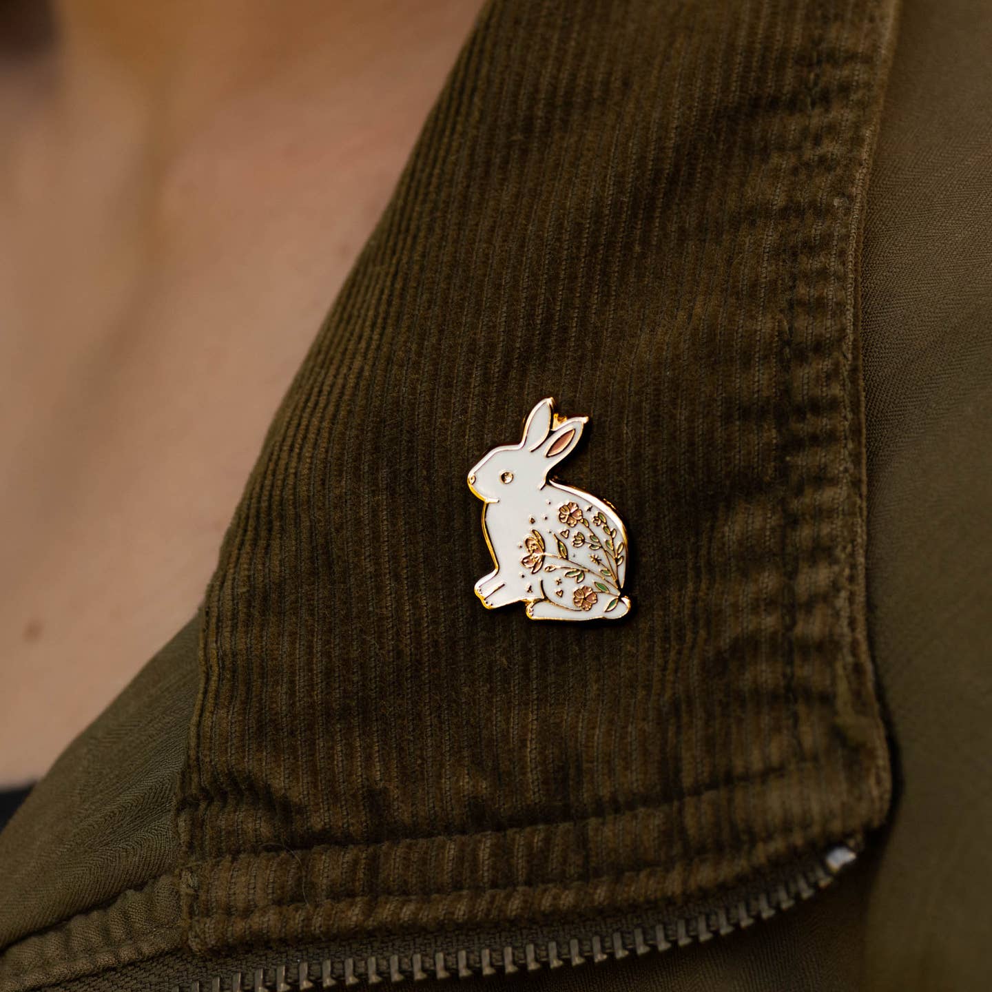 White Floral Bunny Rabbit Enamel Pin
