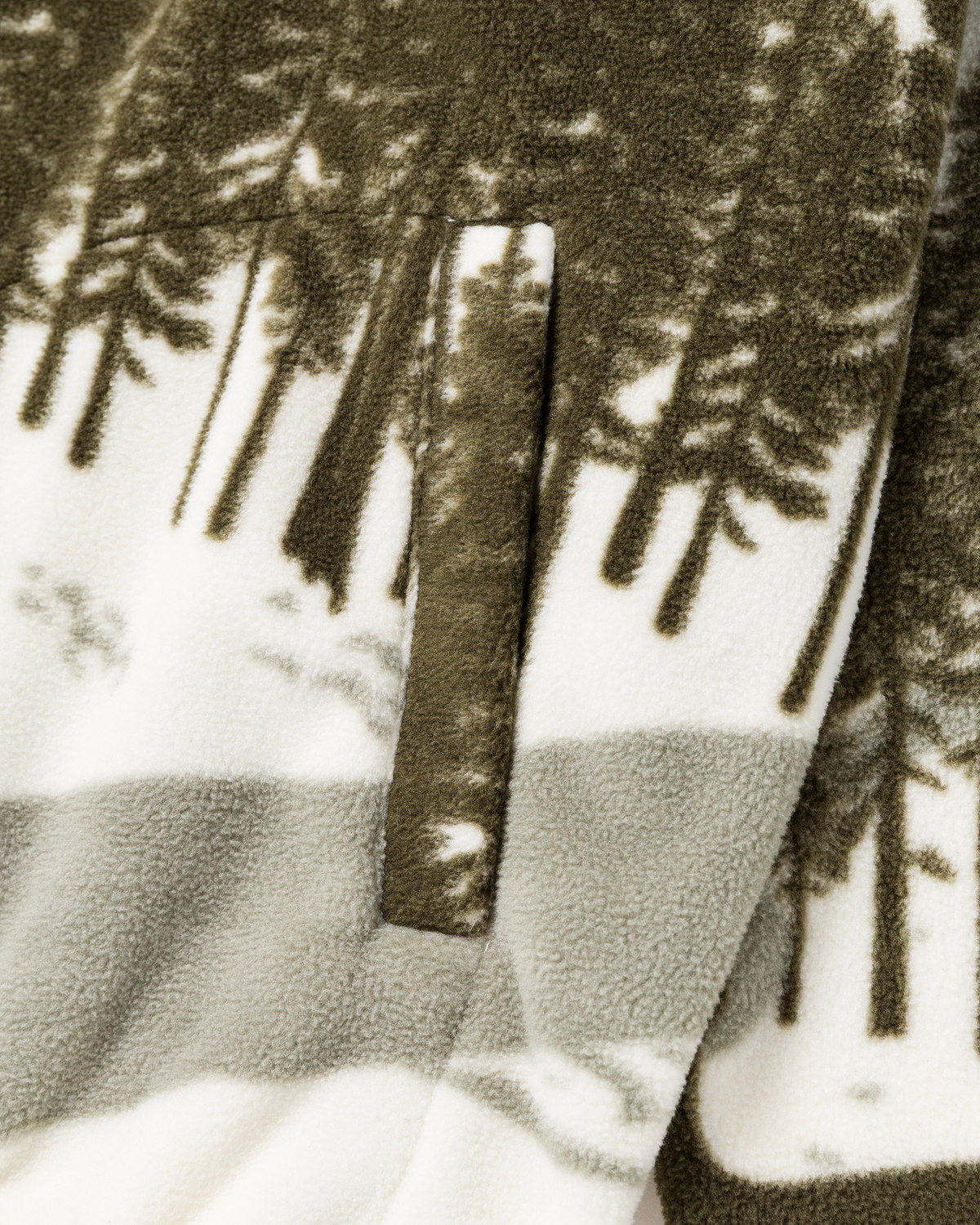 Close up of the forest print with a Parks Project label on the fleece.