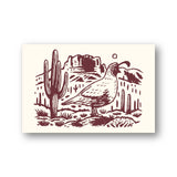 Desert landscape illustration with tall cacti and a quail on a cream postcard background
