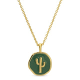 Gold chain necklace with round green cactus pendant set in a gold bezel.