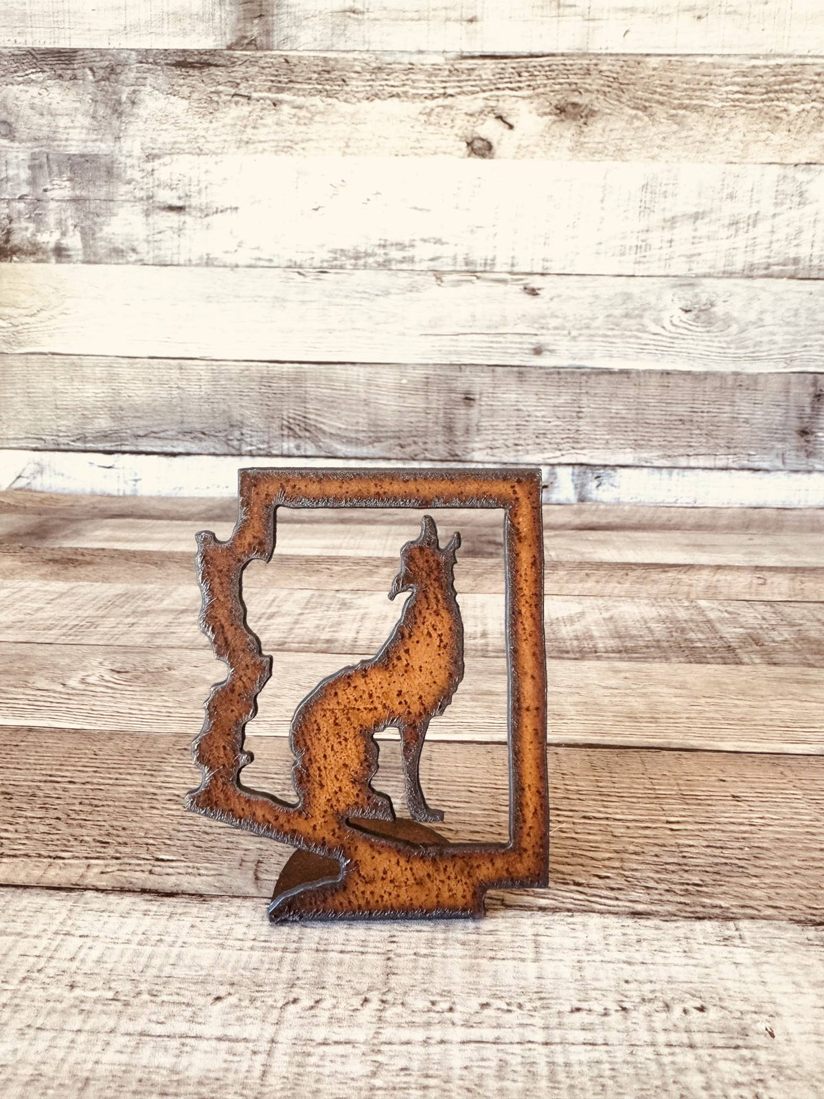 Arizona Outline with Coyote Rustic Metal Cutout Standee