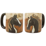 Pair of stoneware mugs with horse head artwork in warm browns and beiges.