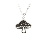 Mushroom shaped pendant featuring a night sky with stars and moon on a silver chain.
