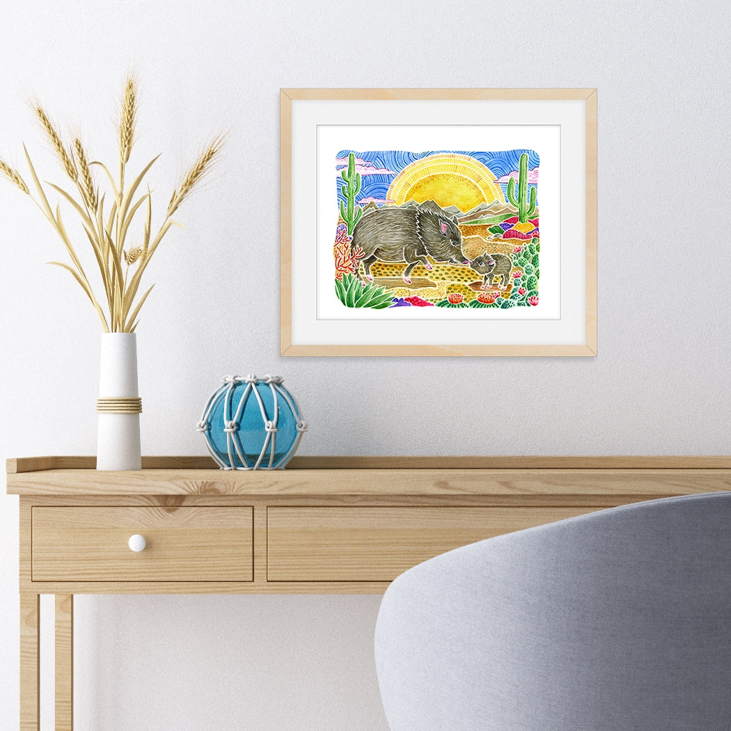Javelina Mom & Baby Desert Scene 8x10 Southwest Wall Art Print