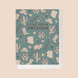 Love from Arizona greeting card with teal desert illustrations and white envelope