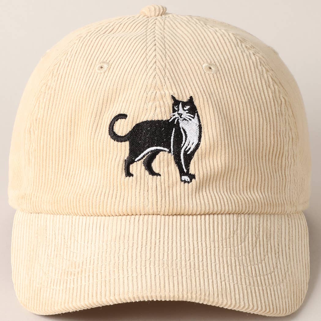 Tuxedo Cat Embroidery Corduroy Baseball Cap