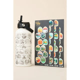 White water bottle with a black flip cap and attached strap beside sheets of fifty states stickers.