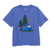 Blue t-shirt with a camping graphic on a white background