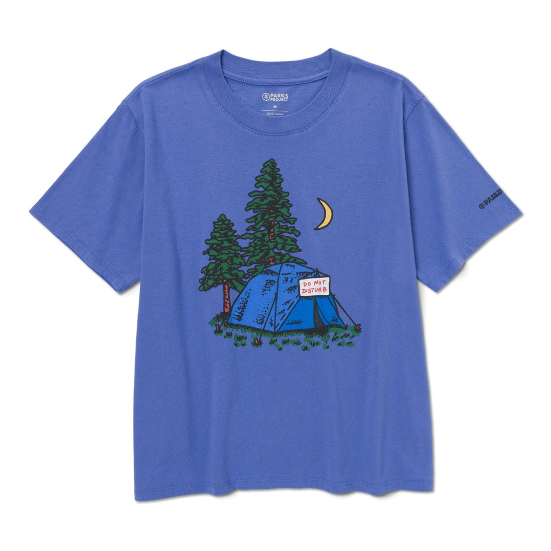Blue t-shirt with a camping graphic on a white background